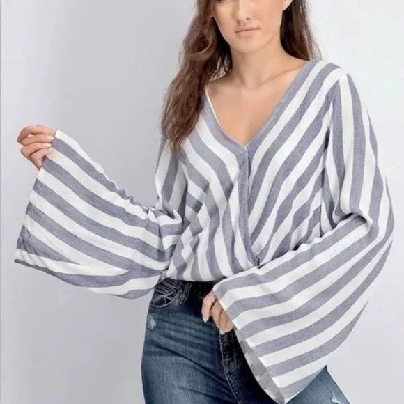 Sadie & Sage Stripe Wrap Front V-Neck Crossover Bell Sleeve Blouse Top - Picture 2 of 8